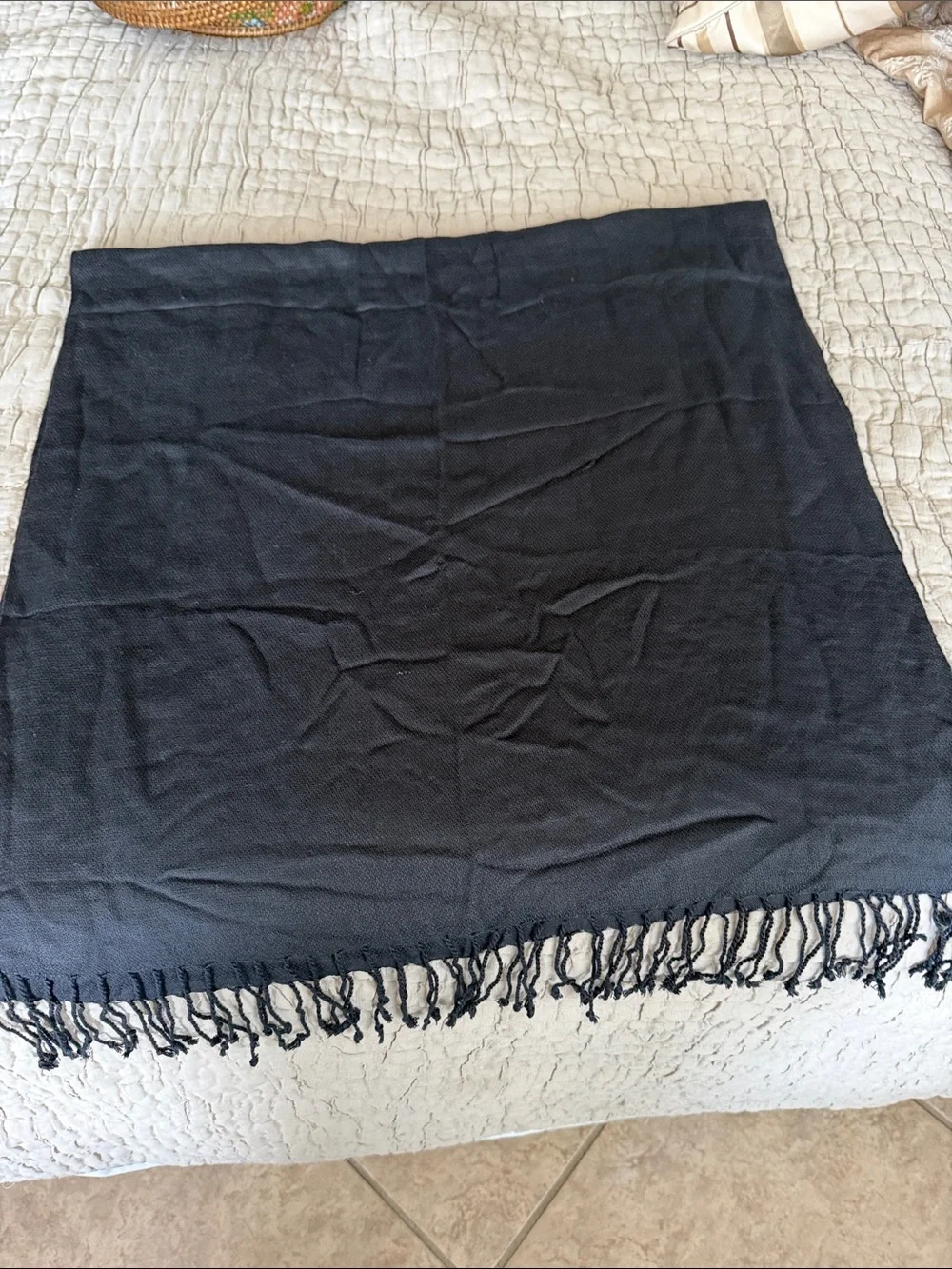 Anne Klein Black cashmere silk blend Scarf with fringe NWT